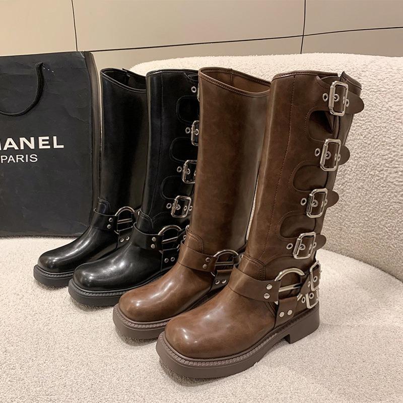 Fashion New Trend Women Boots Retro Brown Belt Buckle Women's High Boots Western Cowboy Boots Fashion Temperament Boots Botas Para Mujer