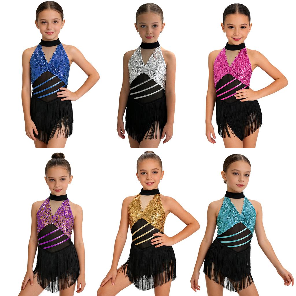 Costume da Ballo Latino da Bambina Brillante con Paillettes, Scollo all'Americana, Senza Maniche, Rete in Vita, Foro sulla Schiena, Body Metallico con Frange