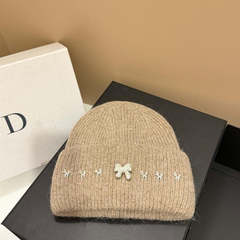 Winter High-Quality Bow Rhinestone Knit Hat Rabbit Fur Ear-Protection Warm Beanie Women