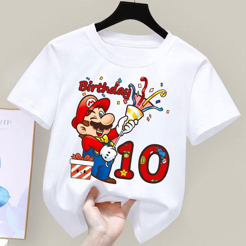 Super Marioes Bros Nummern 1-10 Bedruckte T-Shirts Anime Cartoon Süßes Kurzarm-Oberteil Jungen Mädchen Sommer Baumwolle Rundhals T-Shirt