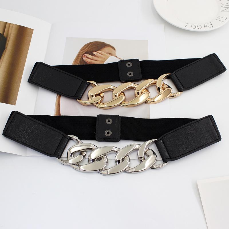 Elastic Belt Women'S 8-Character Metal Chain Snap Buckle With Dress Coat Suit Temperament Elastic Waist Seal
