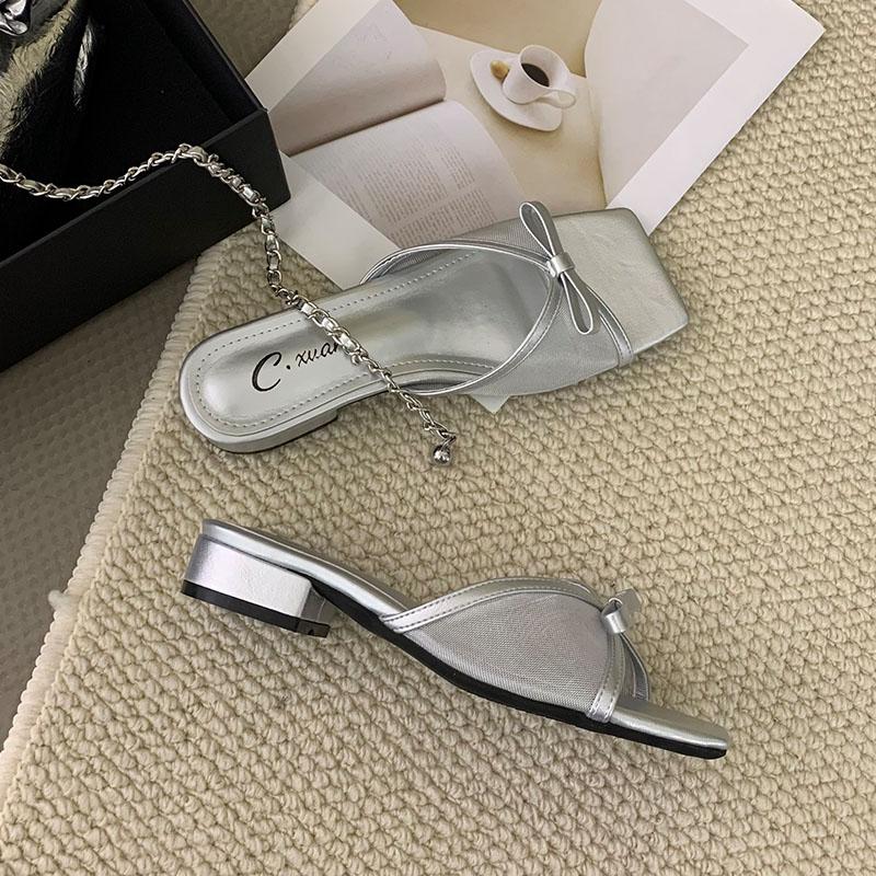 Fashion Low Heel Female Slides Sandals Women Slippers Shoes Square Toe Footwear Fashion Butterfly-Knot Ladies Heeled Slippers Shoes