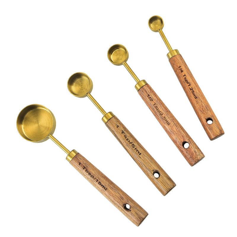 8-Piece Stainless Steel Measuring Cups & Spoons with Walnut Wood Handles & Rose Gold Finish