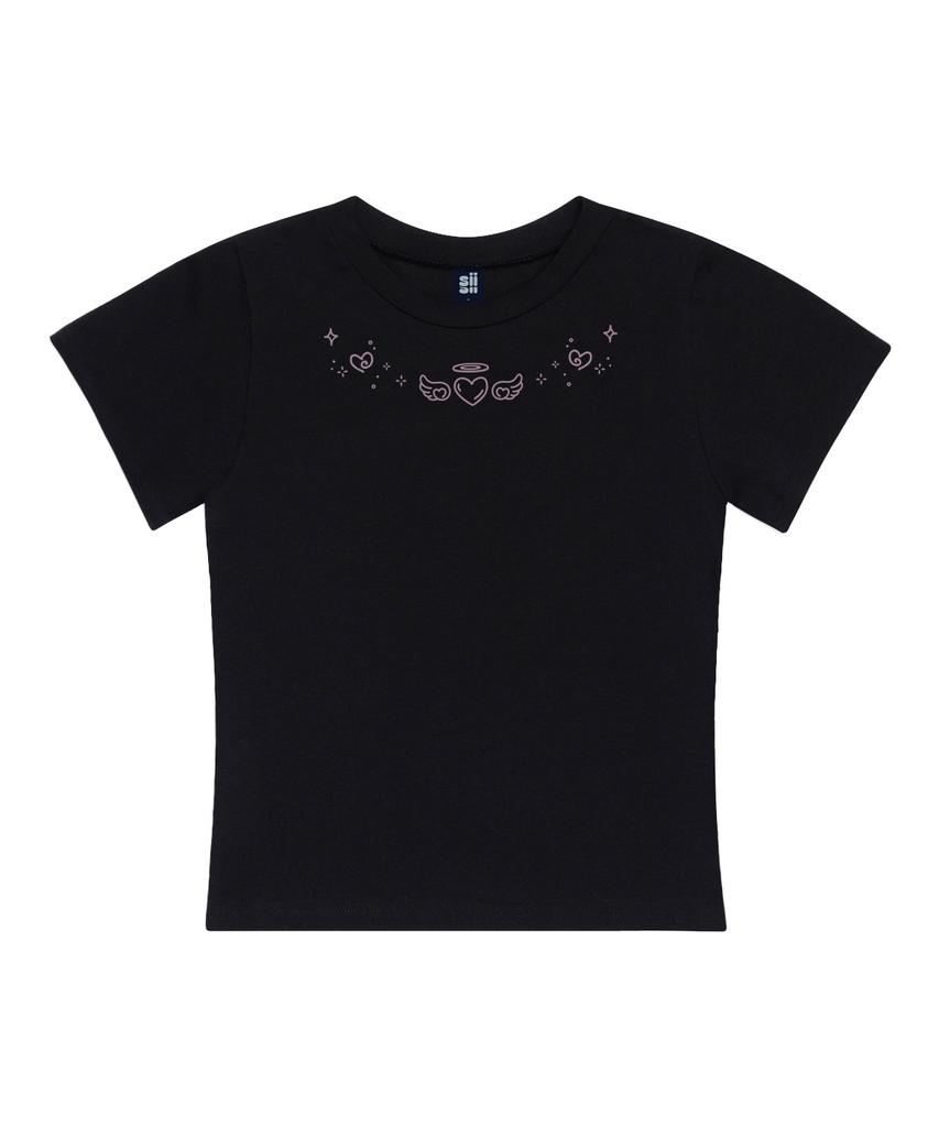 PAGESIISII Twinkle Angel Heart Print Slim Fit Short Sleeve T-Shirt Black