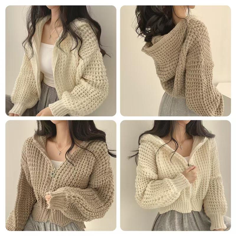 Korean Chic Hooded Short Knit Cardigan - Women's Autumn/Winter Loose Lapel Style