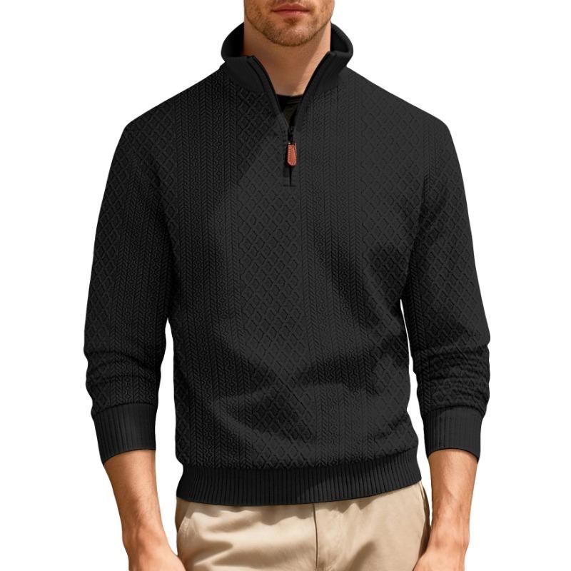 Autumn and Winter Casual Stand-up Collar Zipper Long-sleeved Jacquard Texture American Sports Solid Color Fitted Sweatshirt
