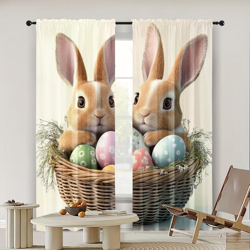 Party Window Curtains Easter Bunny Basket Fabric Without Electricity Festive Holiday Perfect Indoor Curtain Polyester Machine Washable