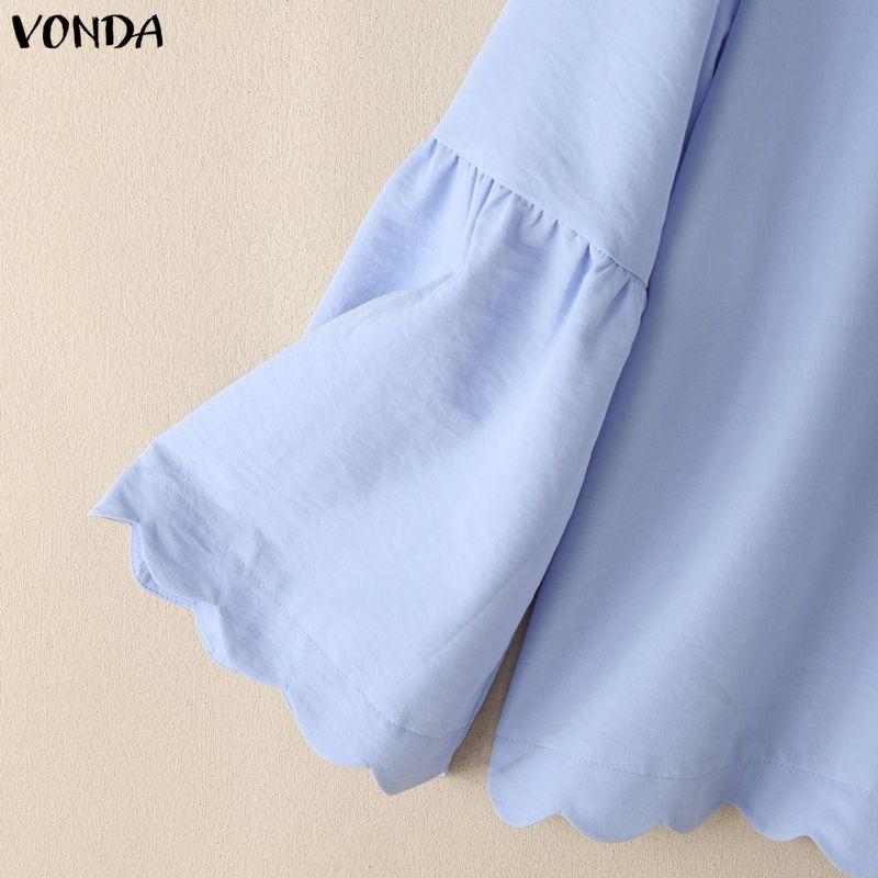 VONDA Women Casual Turn Down Collar Flare Sleeve Casual Loose Blouse