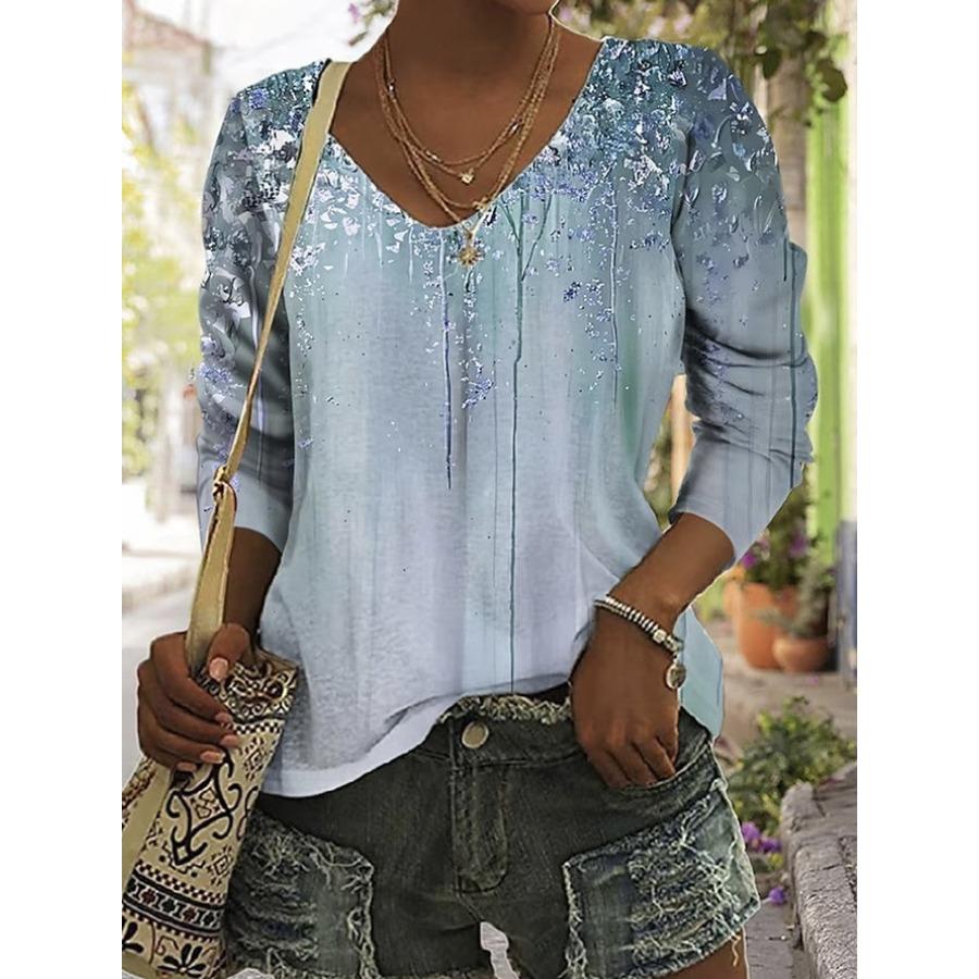 Women's Fashion V-neck Long Sleeved T-shirt Vintage 3d Printed Top