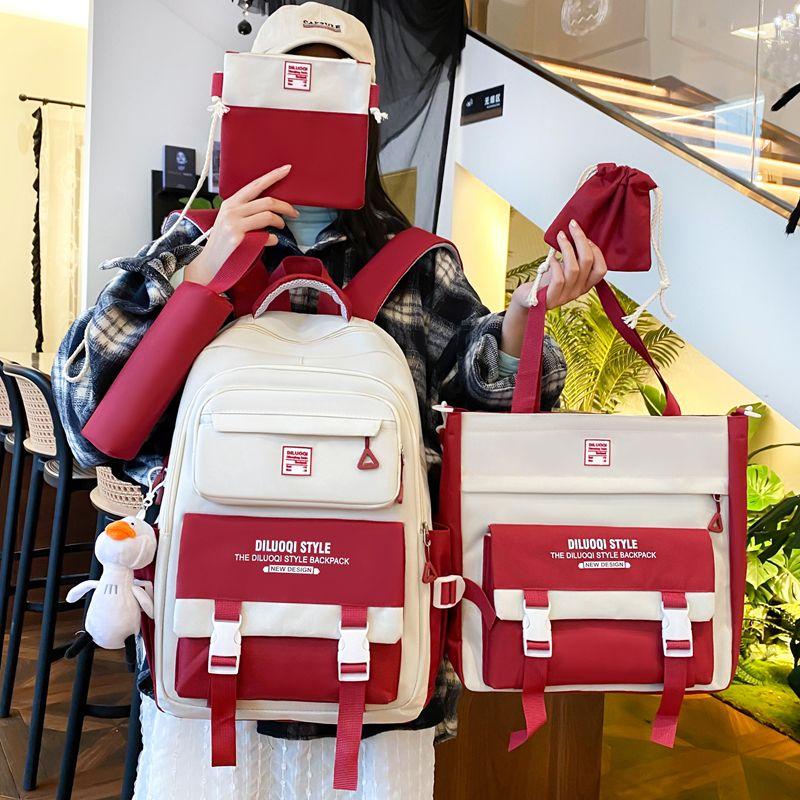 

Lightweight Stylish Contrasting Backpacks Large Capacity Instagram Backpack Shoulder Bags Reducing Burden Protecting Spine Elementary School Students 8126 red five-piece set t
