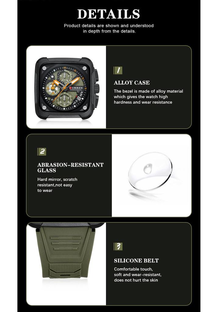 CURREN 8461 Men's Square Sports Watch with Silicone Strap and Multifunctional Six-Needle Calendar