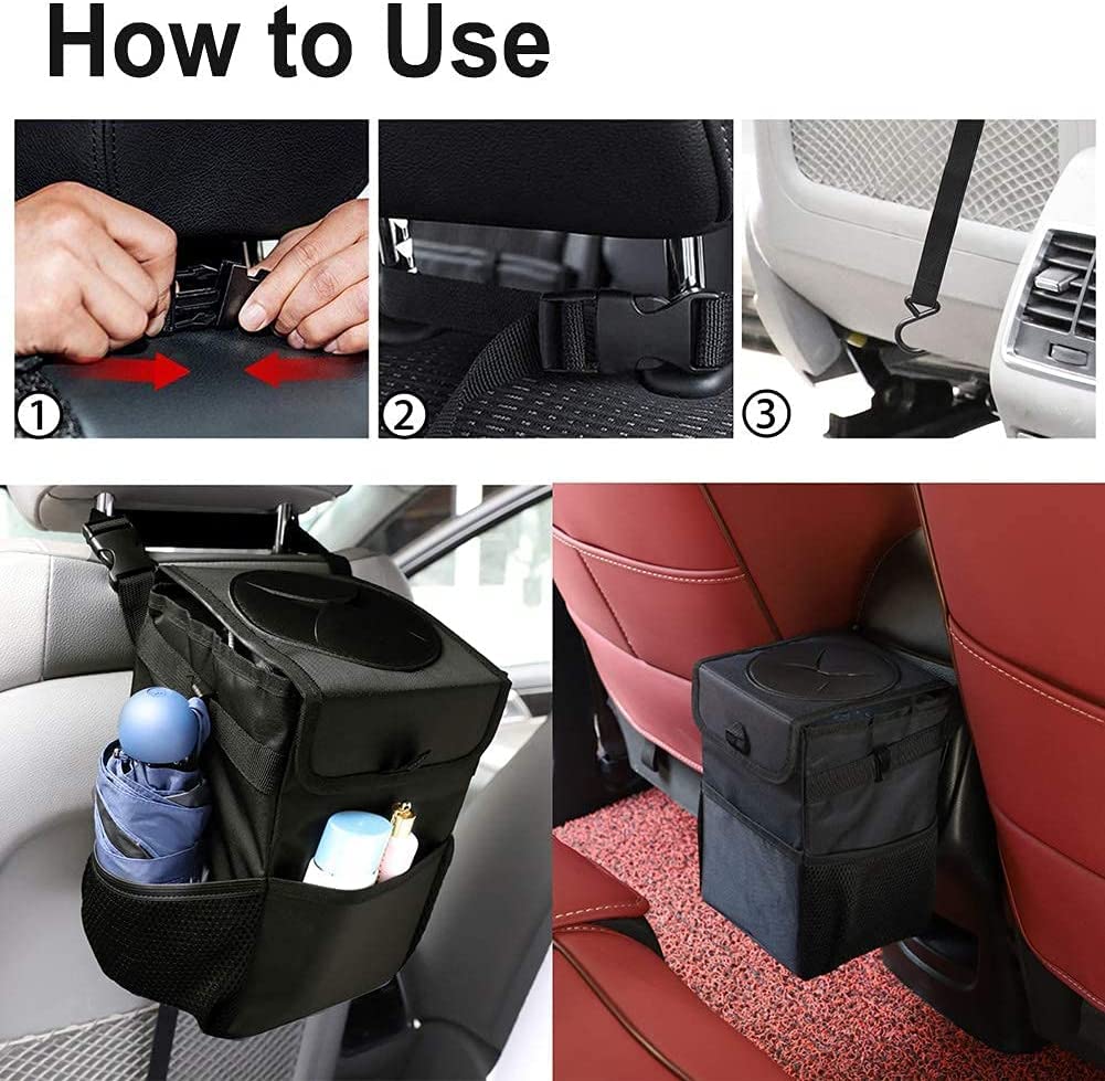 Waterproof Car Trash Can Leakproof Dustbin with Lid Storage Pockets Multipurpose Vehicle Garbage Bin for SUV