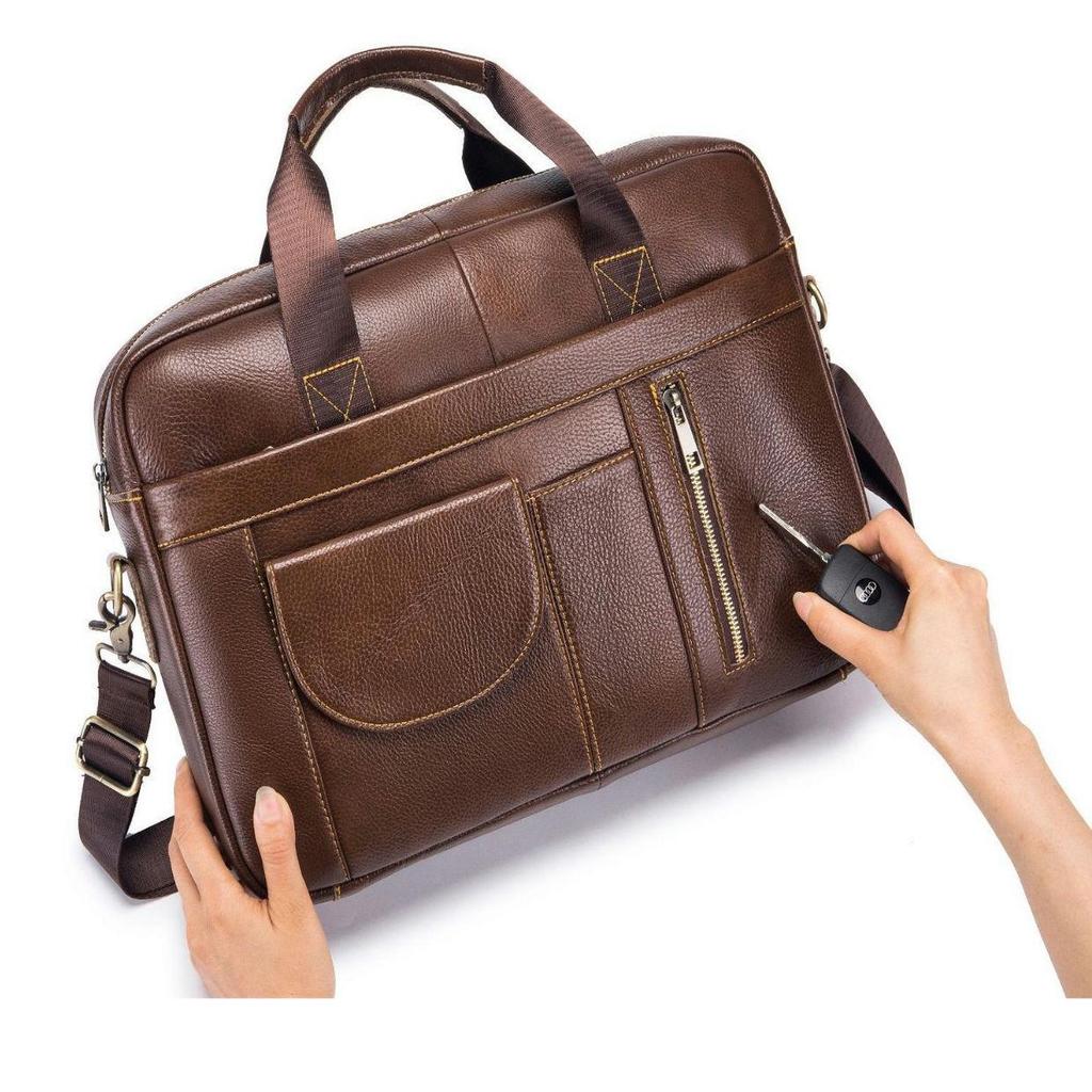 Men's Genuine Leather Business Laptop Briefcase - Large Capacity, Top Layer Cowhide, Crossbody Shoulder Bag
