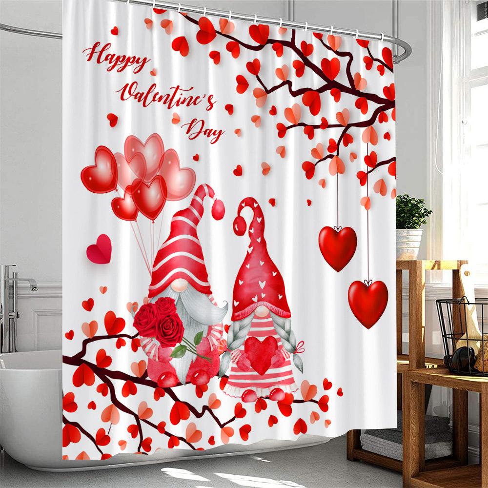 Valentine's Day Shower Curtains Cute Animals Highland Cattle Pig Flamingo Elf Heart Red Rose Bath Curtain Fabric Bathroom Decor