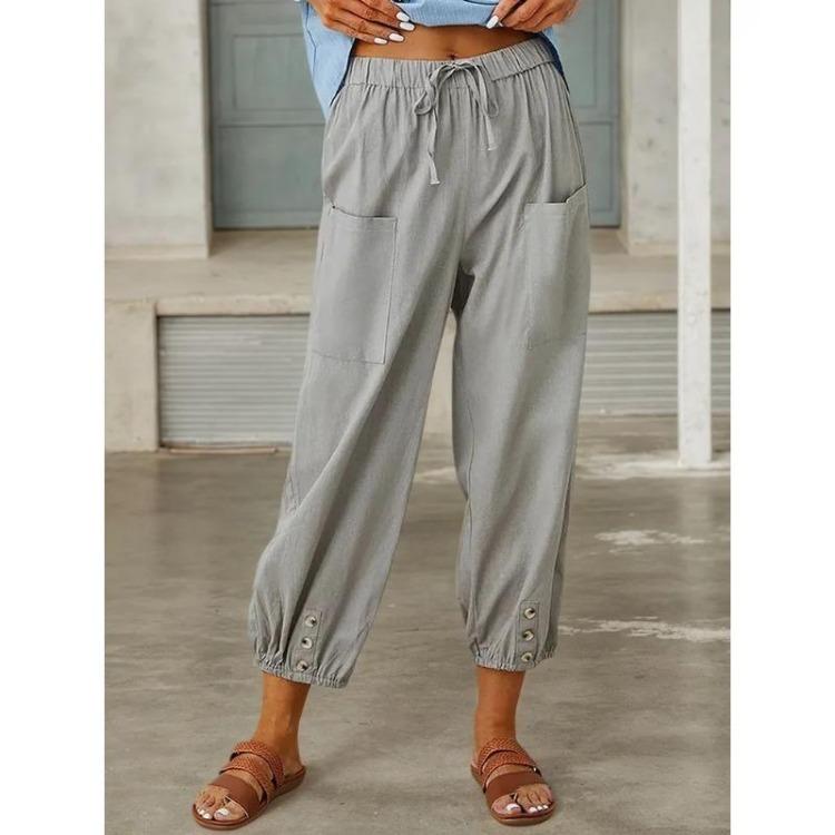 Autumn Women Cotton Linen Elastic Waist High Waist Wide Leg Loose Straight Trousers Solid Color Female Pants