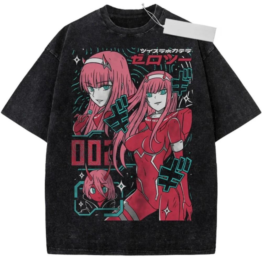 DARLING in the FRANXX Zero Two 002 Koszulka z grafiką Anime Vintage Spłowiała Czarna Bawełna Streetwearowa Koszulka