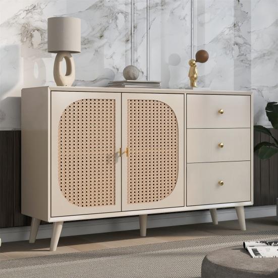 TV Desk Spacious Countertop with 3 Drawers 2 Doors Hutch Cabinet Ergonomic Handle Living Room Home Sideboard Dining Furniture Kitchen