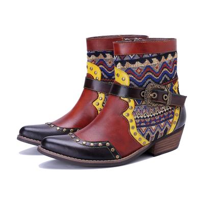Botas Curtas Femininas Estilo Cowboy Ocidental em Couro Genuíno com Bico Fino e Rebites Salto Grosso