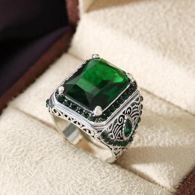 European and American Men's Rings: Fashionable Korean-Style with Red and Green Zircon, Retro Ethnic Texture.