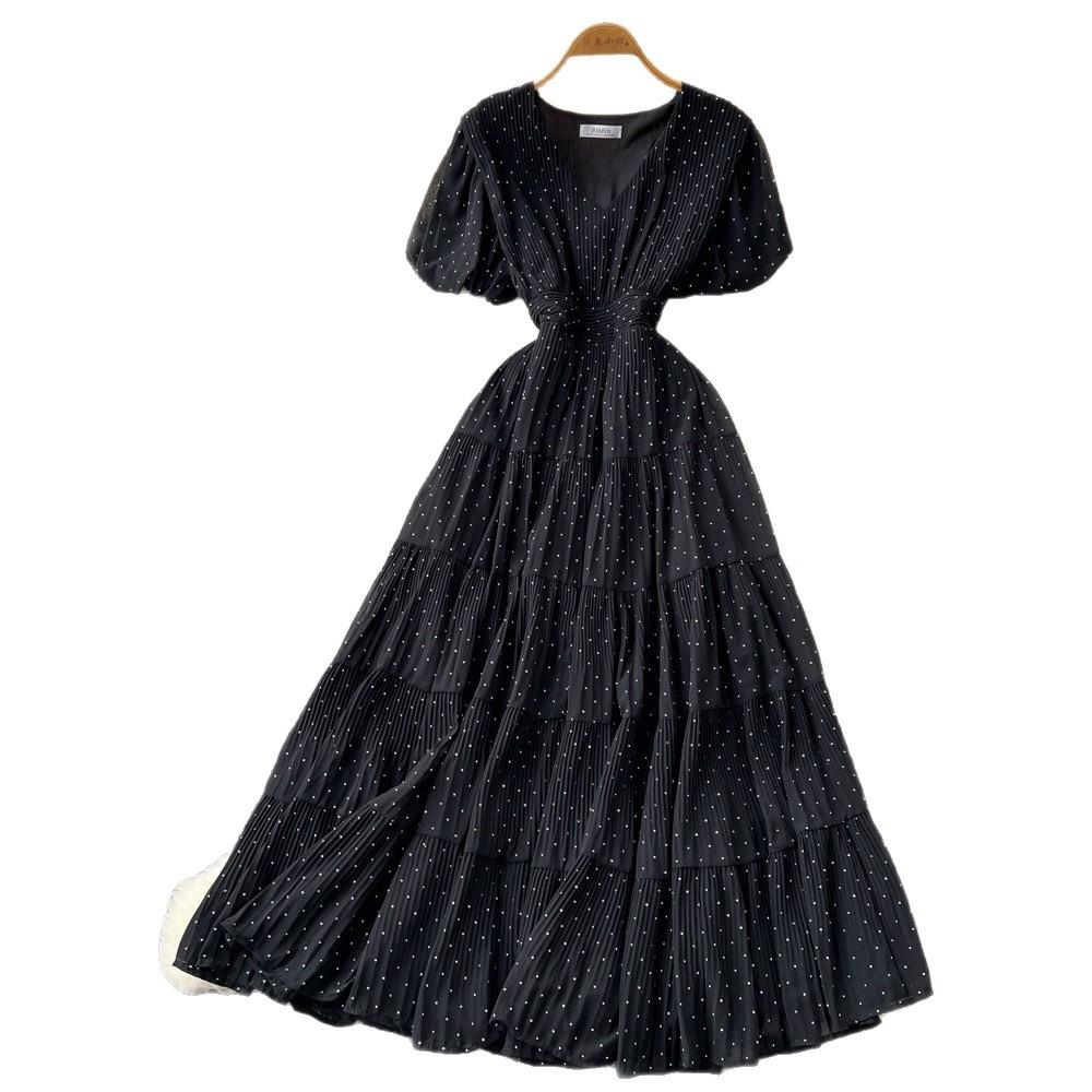 French V-neck small diamond temperament dress women's summer waist and thin A-shaped cake long dress dopamine wind