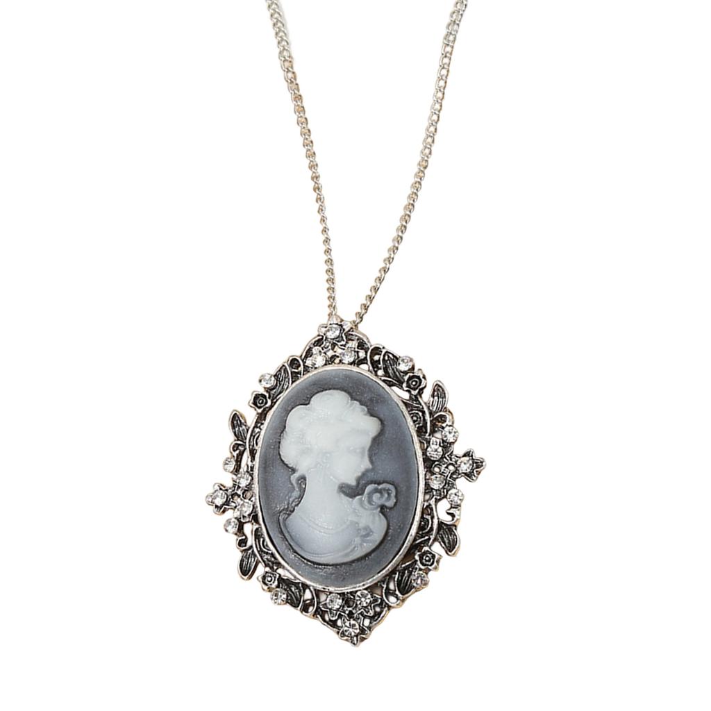 Oval Cameo Pendant Necklace with Crystal Rhinestones Handmade Vintage Jewelry Accessory Stylish Outfit Enhancer