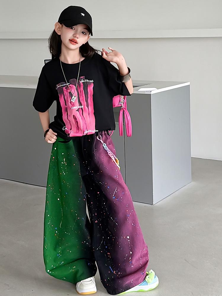 Girls' Summer 2026 Wide-Leg Pants & Loose T-shirt Set - Trendy Printed Design for Medium & Large Kids