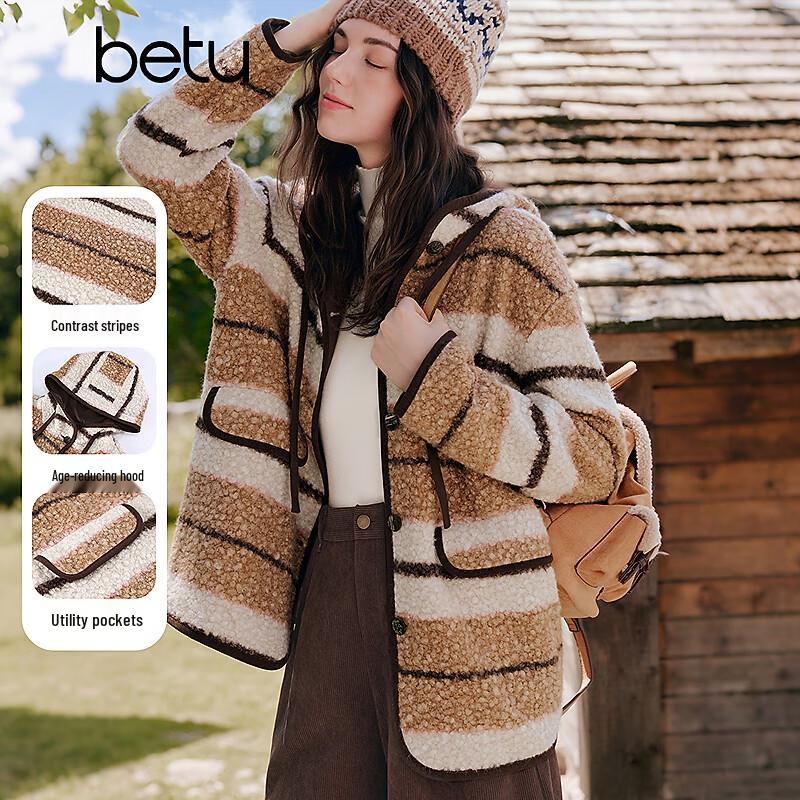 

Betu Women s Hooded Striped Faux Lamb Wool Short Coat S