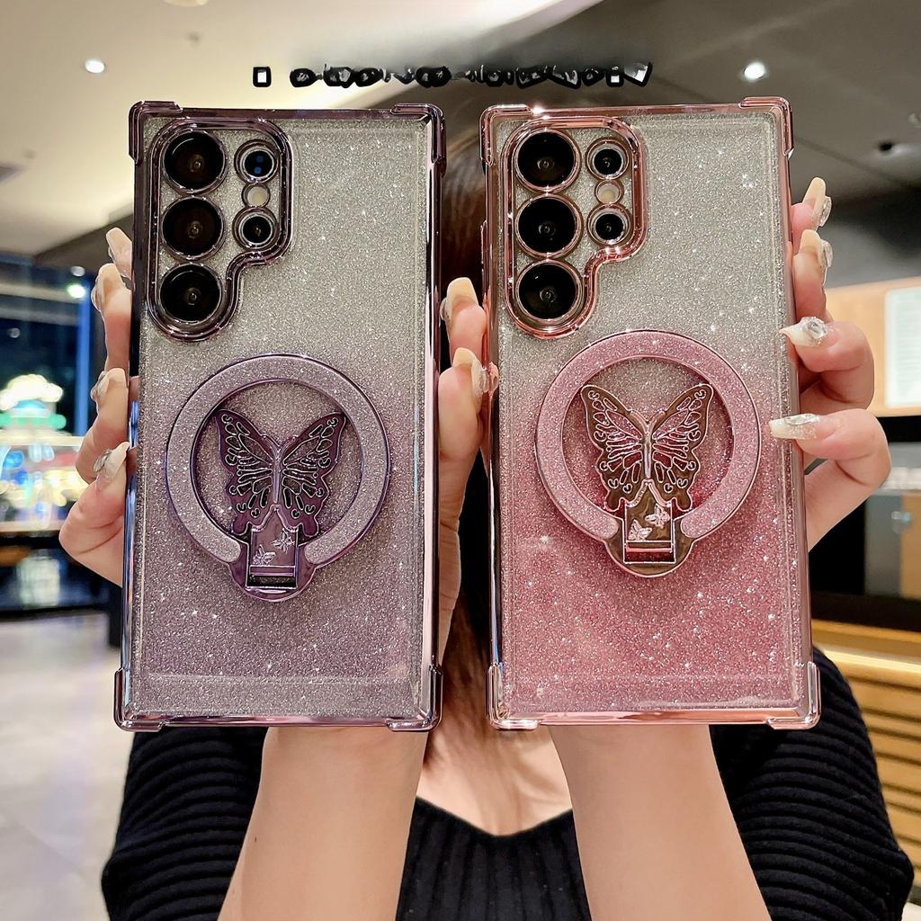 Samsung S25FE Butterfly Flashing Powder Bracket Magnetic Suction Mobile Phone Case Suitable for S24 Four Corner Airbag Anti Fall A06 Protective Case