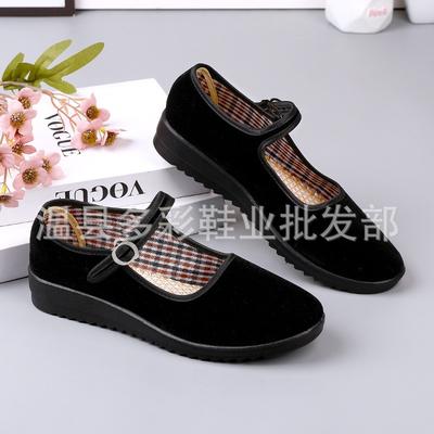 Oude Beijing stoffen schoenen werkschoenen dames zwart platte hakken hotel dansschoenen Chinees restaurant ober een-woord gesp