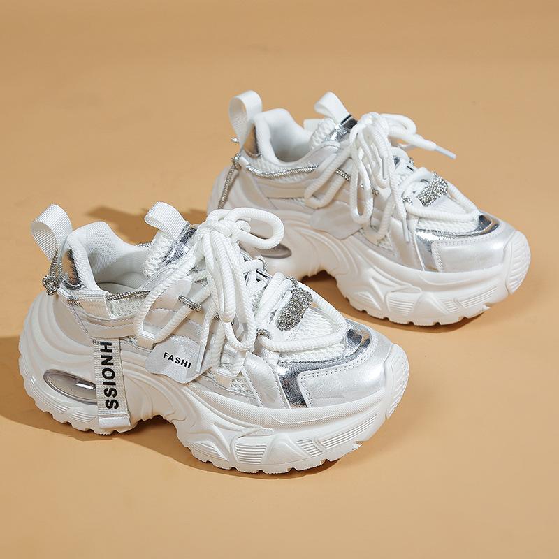 Women'S Breathable Single Mesh Leather Thick Bottom Dad Shoes Casual Sports Shoes Increased Height Lace-Up Autumn New Arrival