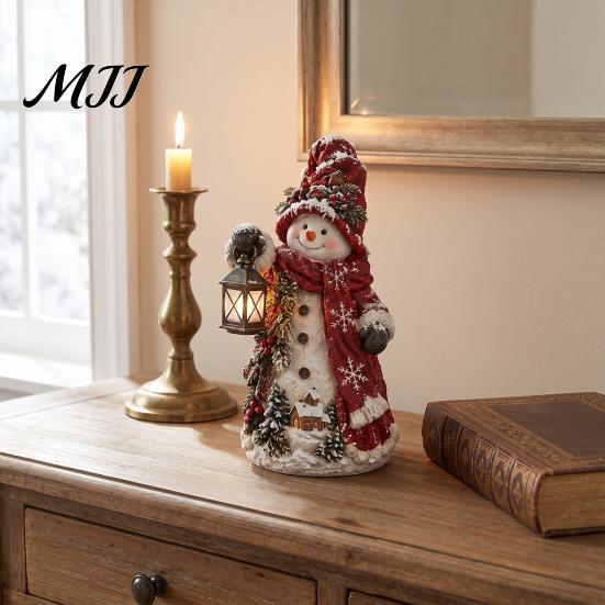 Winter Home Decorations Christmas Snowman Figurine, Resin Tabletop Decoration with Hat Scarf Pine Collectible Crafts Branches, Holiday Decor