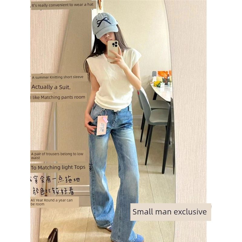 Small American Style Washed-out Vintage Worn Jeans Female High Waist Slim Looking Drape Narrow Version Straight Mopping Pants Summer