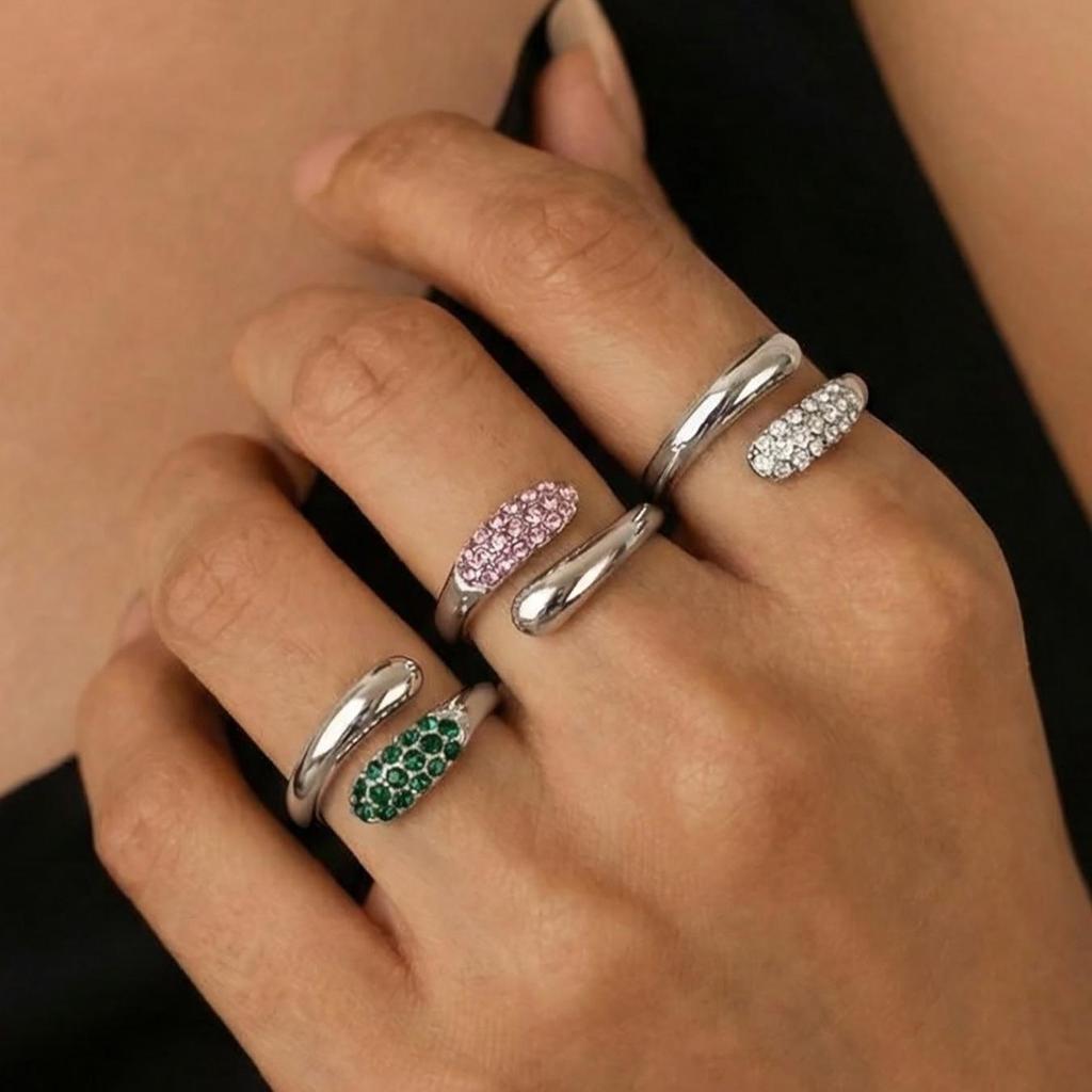 Simple Green & White Rhinestone Tri-Color Open Ring: 18K Gold-Plated Stainless Steel, European & American Style.