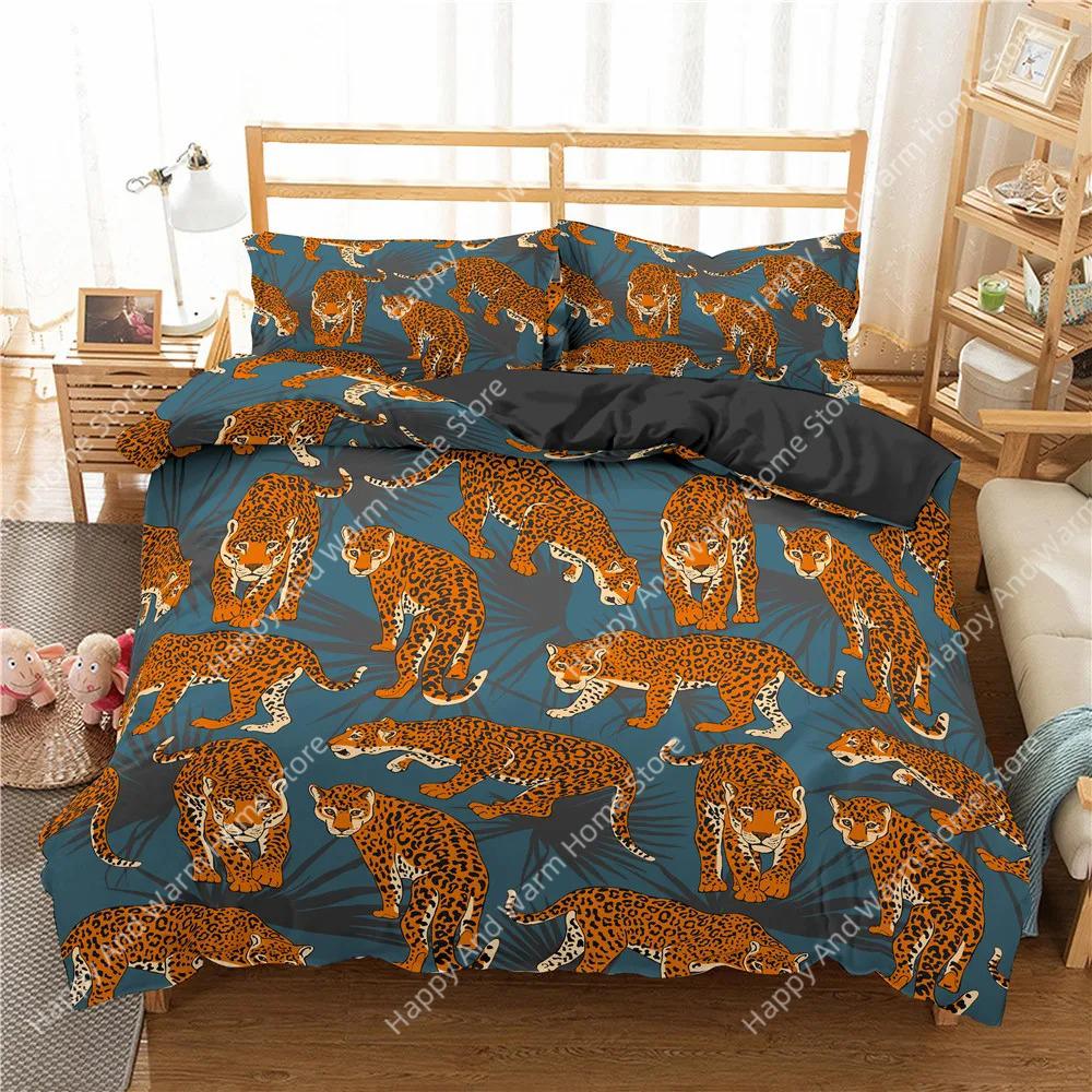 Dżungla Zwierzęta Miękka Poszewka na Kołdrę Rozmiar King/Queen Rośliny Tropikalne Liście Palmy Pościel dla Chłopców Tygrys Dzikie Zwierzęta 2/3 szt. Poliester Wygodna Poszewka na Kołdrę