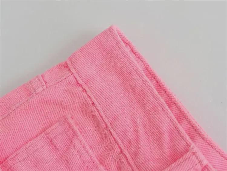 Jeans rosa petite a vita alta stile coreano a gamba larga - Estivo da donna vestibilità ampia