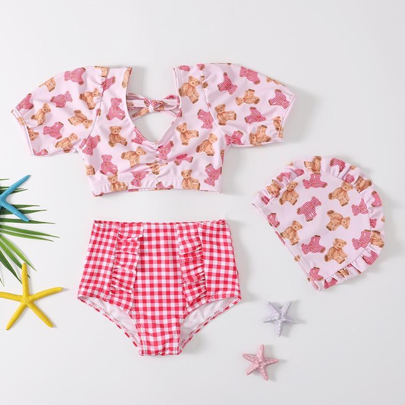 2024 New Summer Internet Celebrity Foreign Style Girls Split Swimsuit Cute Open Bear Korean Version of Beach Children's Swimsuit