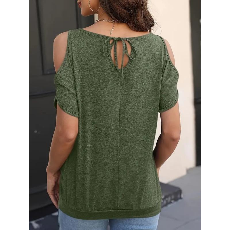 2025 Spring Summer Sexy Off-the-shoulder Short Sleeved Women Blouse Crew Neck Loose T-shirt Casual Simple Basic Solid Color Office Women Top Shirts