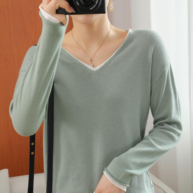 V-neck Cotton Thread Contrast Color Fake Two-piece Sweater Women's Base Shirt Spring and Autumn New Style Loose Knitted Sweater Top