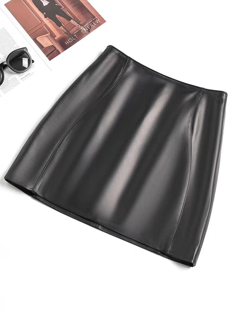 Genuine European & American High Waist Leather A-line Skirt for Women