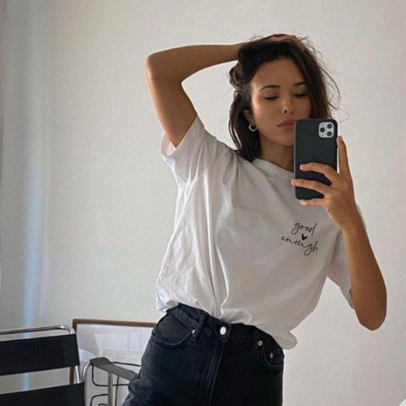 Good Enough Minimalist Style Niche American vintage Simple Letters Print Casual round Neck Basic Short sleeve T-shirt