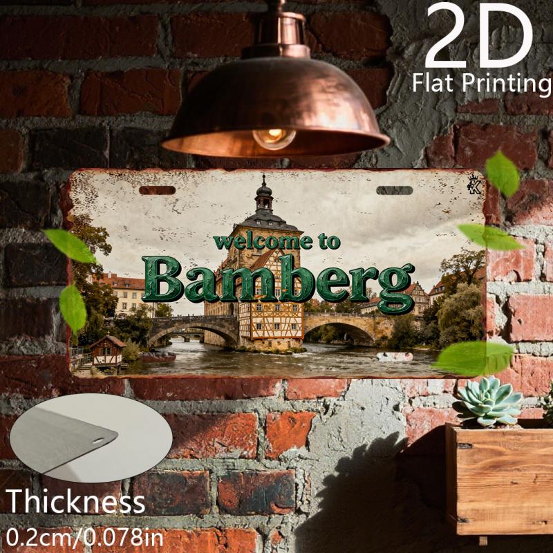 2D Flat,Vintage Aluminum Plaque, Decorative Plaque and Ornament, Bamberg, Vintage City Decor, Vintage Architectural Art