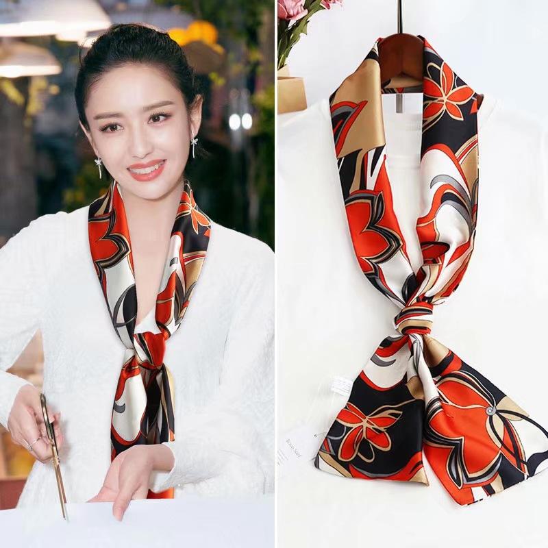 Luxury Silk Long Scarf Women Bag Handle Ribbon Ladies Plaid Print Headband Small Hair Scarves Band Female Handkerchief