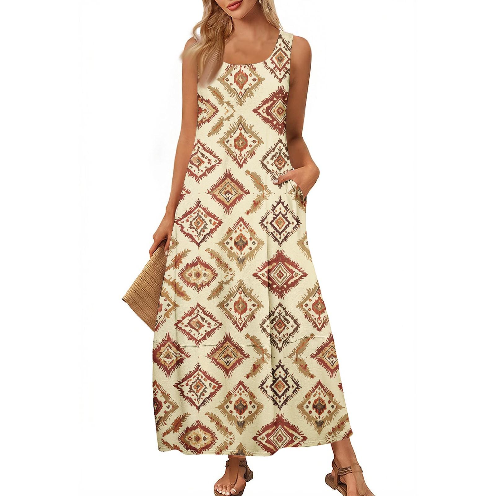 Women s Casual Long-length Sundress Summer Beach Dress Round Neck Sleeveless Loose Sundress L
