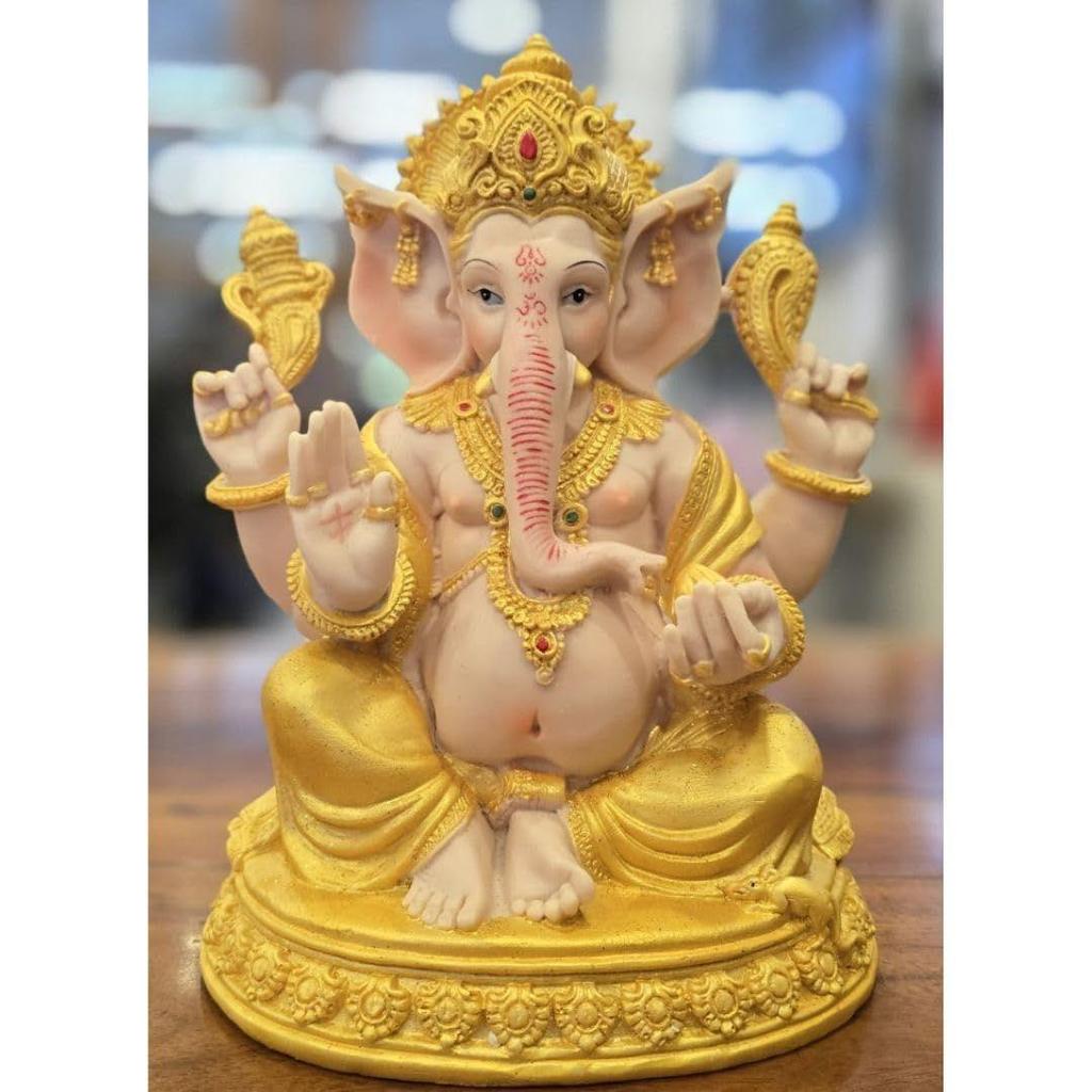 1 Piece PolyResin Gold Color Premium Decorative Lord Ganesha Statue & Idols for Home, Office, and Pooja, for Festivals, Weddings