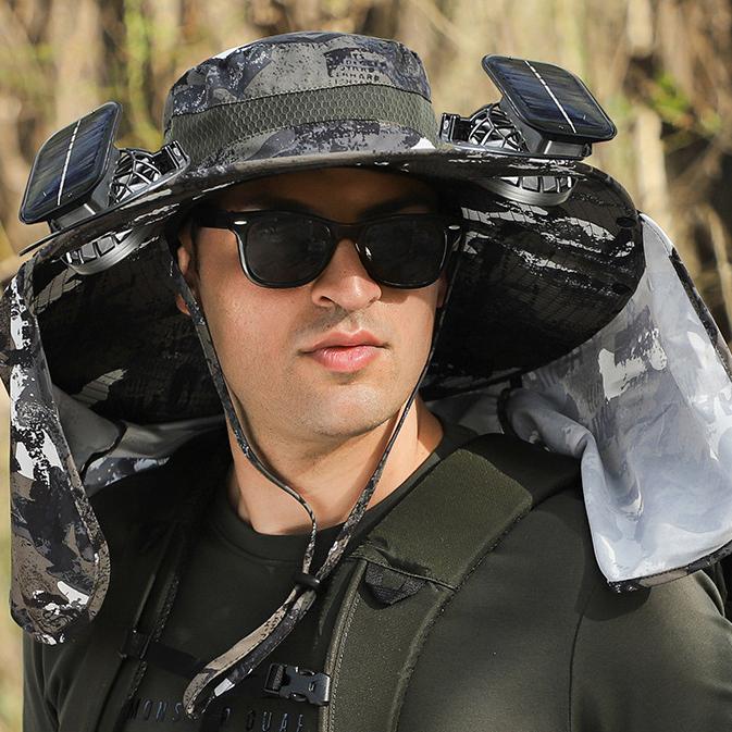 Men's Summer Outdoor Fan Hat, Rechargeable High-Wind Sun Hat Wide Brim UV Protection Hiking Bucket Hat