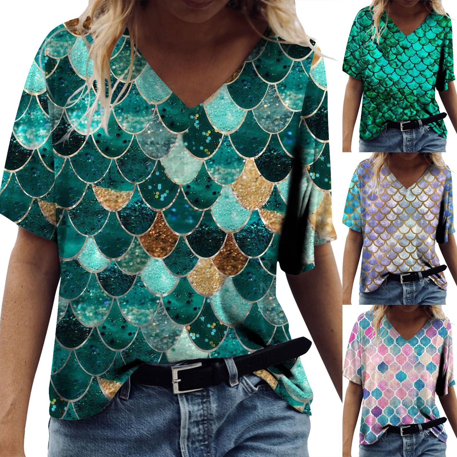 

Fashion Women s Summer Loose Print V-neck Pattern Short-sleeved T-shirt