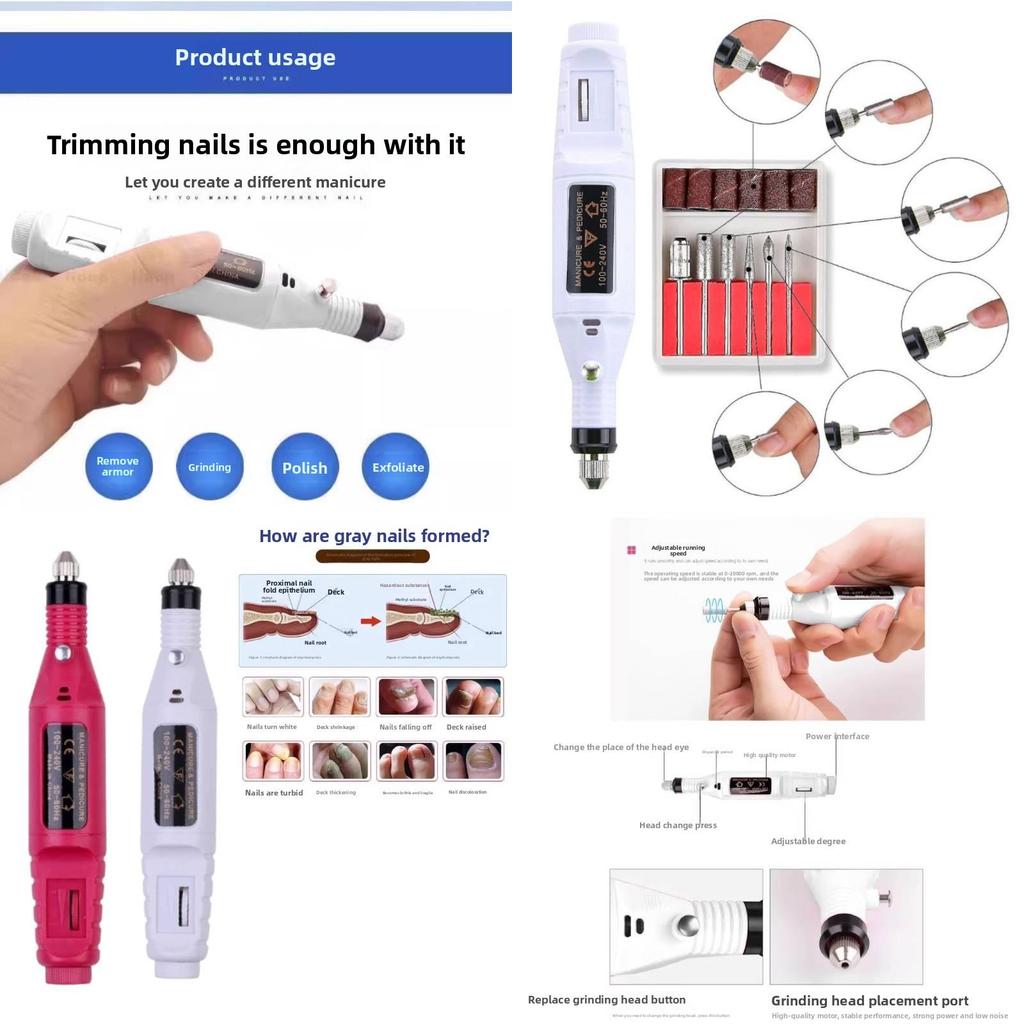 Manicure And Pedicure Grinder With Usb Power And Multiple Grinding Heads For Hard Nails