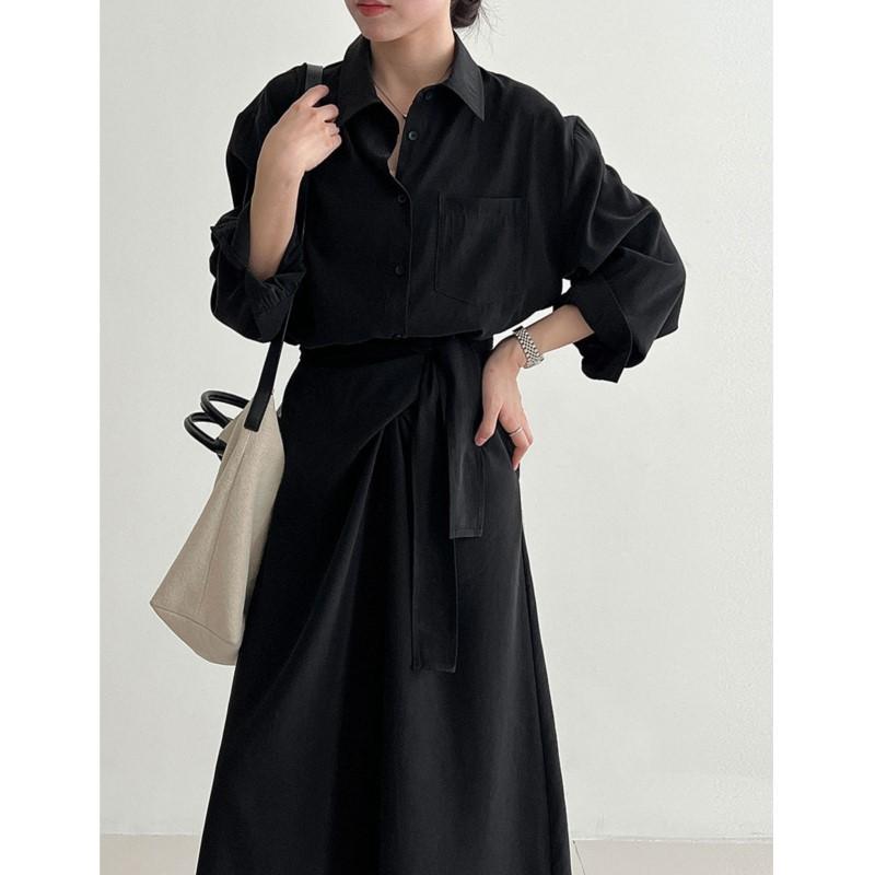 

Johnature Платье-рубашка в корейском стиле с галстуком для женщин, осеннее, асимметричное, повседневное, с воротником, длинное One Size чёрный