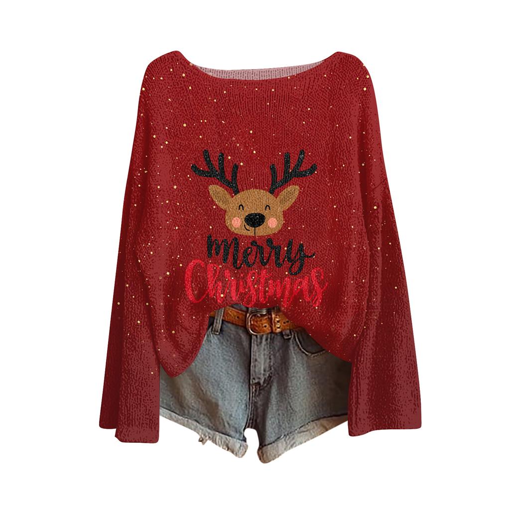 Women's Fashion Christmas Print Lightweight Sweater Casual Long-Sleeve Knit Pullover Top