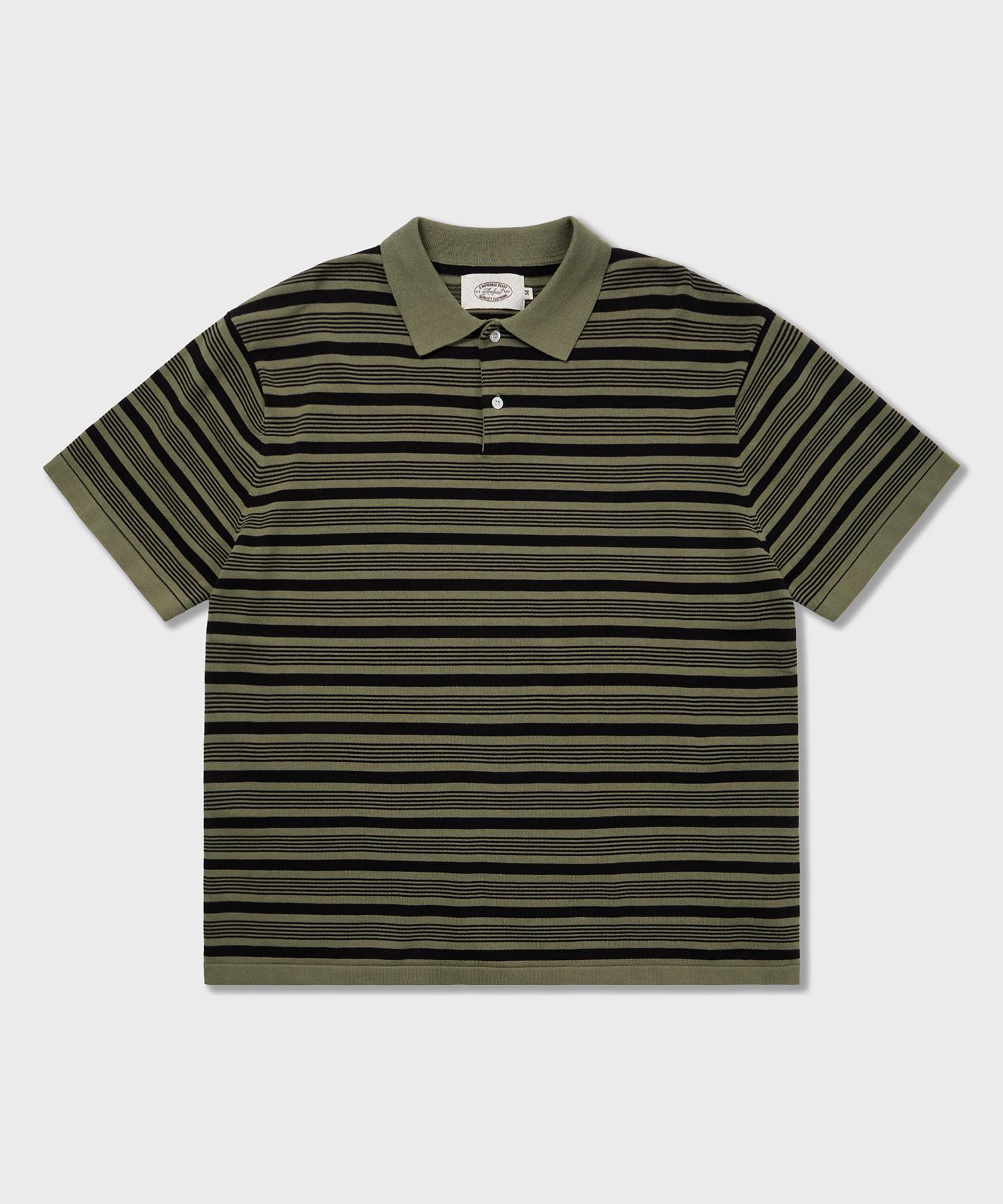 70S Multi-Stripe Cotton Knit Polo Shirt Olive Olive/Xlarge
